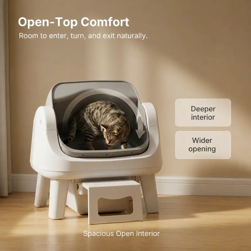 Automatic Self-Cleaning Cat Litter Box – Open-Top Hands-Free Design with Easy-Entry Front Step, Triple Safety Protection & No App Required for Convenient Pet Care