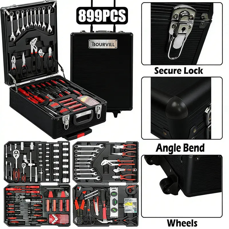 899-Piece Complete Tool Set – Portable Rolling Tool Case with 4-Tier Aluminum Storage, Professional Hand Tools for Home Repair, Maintenance & DIY Projects