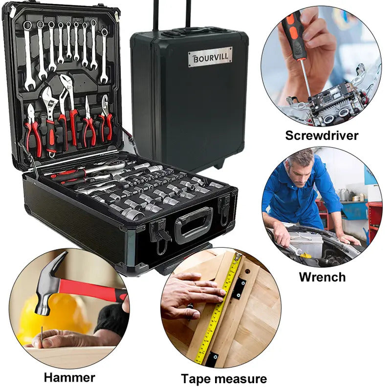 899-Piece Complete Tool Set – Portable Rolling Tool Case with 4-Tier Aluminum Storage, Professional Hand Tools for Home Repair, Maintenance & DIY Projects