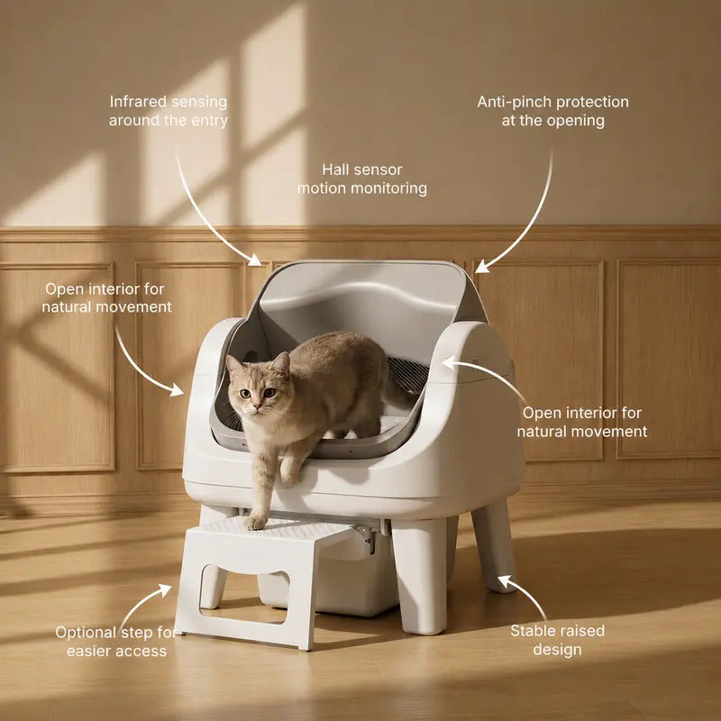 Automatic Self-Cleaning Cat Litter Box – Open-Top Hands-Free Design with Easy-Entry Front Step, Triple Safety Protection & No App Required for Convenient Pet Care