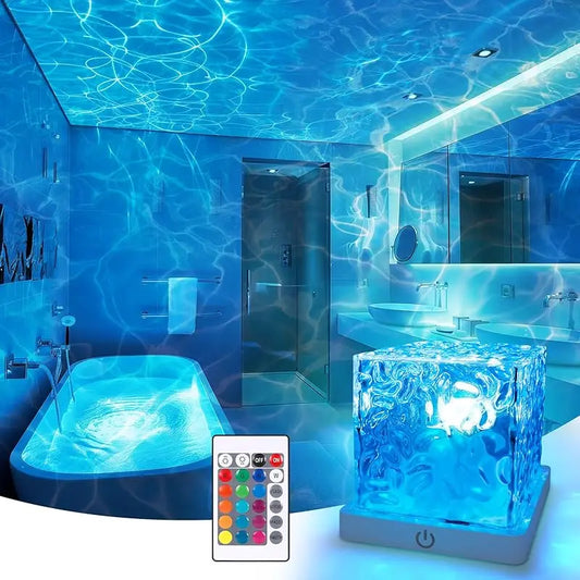 Rechargeable Waterproof Shower Light – 16 Color Ocean Wave Projector, Dimmable Rotating Water Ripple Lamp with Remote Control for Bathroom, Shower & Bedroom Decor