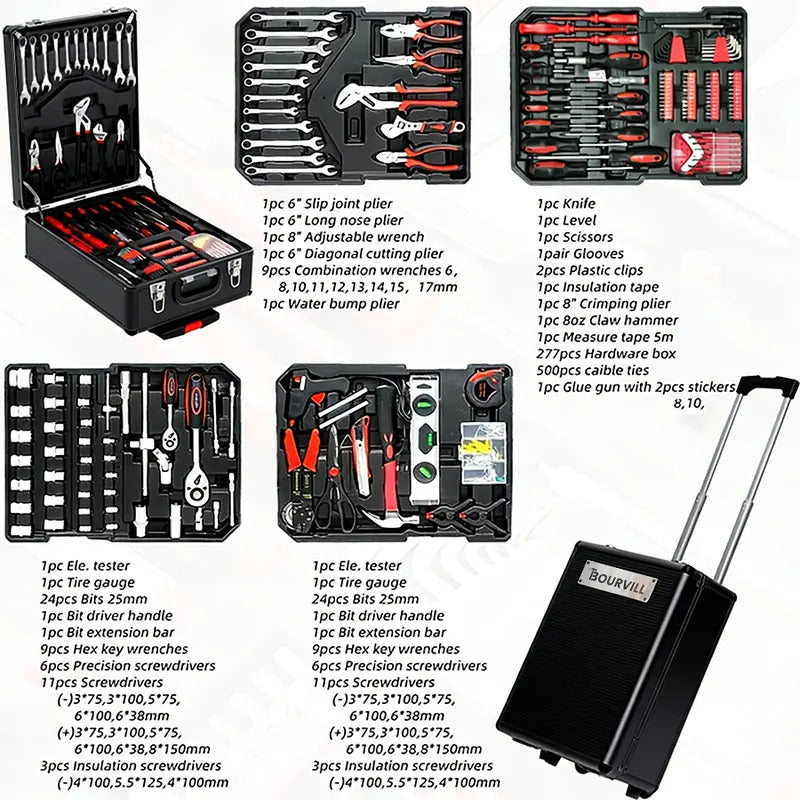 899-Piece Complete Tool Set – Portable Rolling Tool Case with 4-Tier Aluminum Storage, Professional Hand Tools for Home Repair, Maintenance & DIY Projects