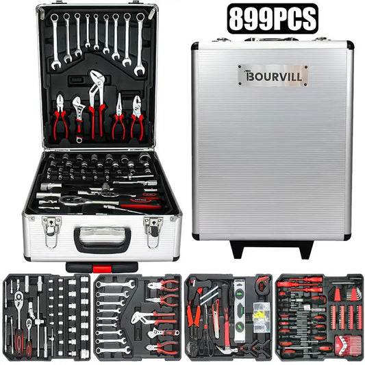 899-Piece Complete Tool Set – Portable Rolling Tool Case with 4-Tier Aluminum Storage, Professional Hand Tools for Home Repair, Maintenance & DIY Projects