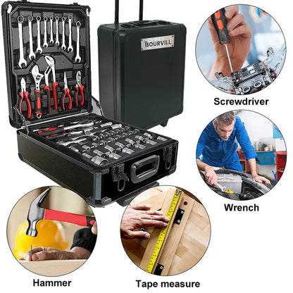 899-Piece Complete Tool Set – Portable Rolling Tool Case with 4-Tier Aluminum Storage, Professional Hand Tools for Home Repair, Maintenance & DIY Projects