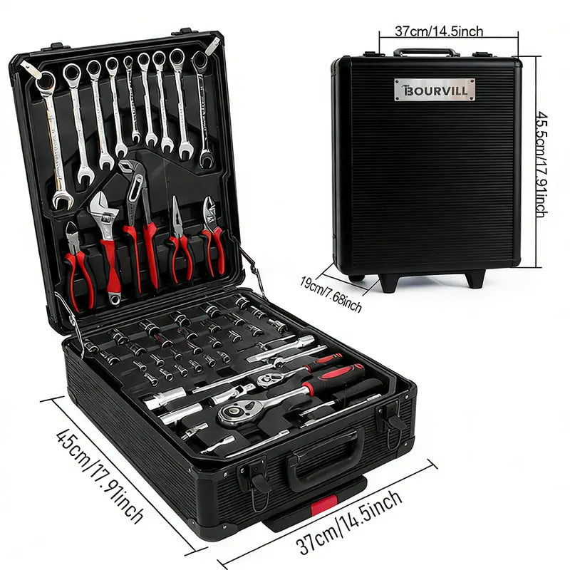 899-Piece Complete Tool Set – Portable Rolling Tool Case with 4-Tier Aluminum Storage, Professional Hand Tools for Home Repair, Maintenance & DIY Projects