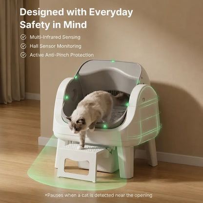 Automatic Self-Cleaning Cat Litter Box – Open-Top Hands-Free Design with Easy-Entry Front Step, Triple Safety Protection & No App Required for Convenient Pet Care
