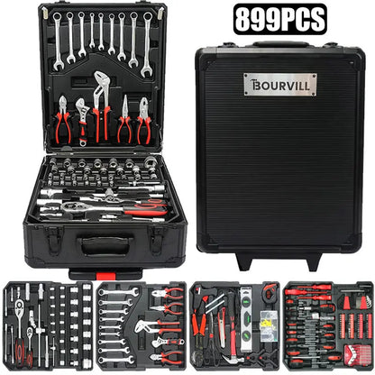 899-Piece Complete Tool Set – Portable Rolling Tool Case with 4-Tier Aluminum Storage, Professional Hand Tools for Home Repair, Maintenance & DIY Projects